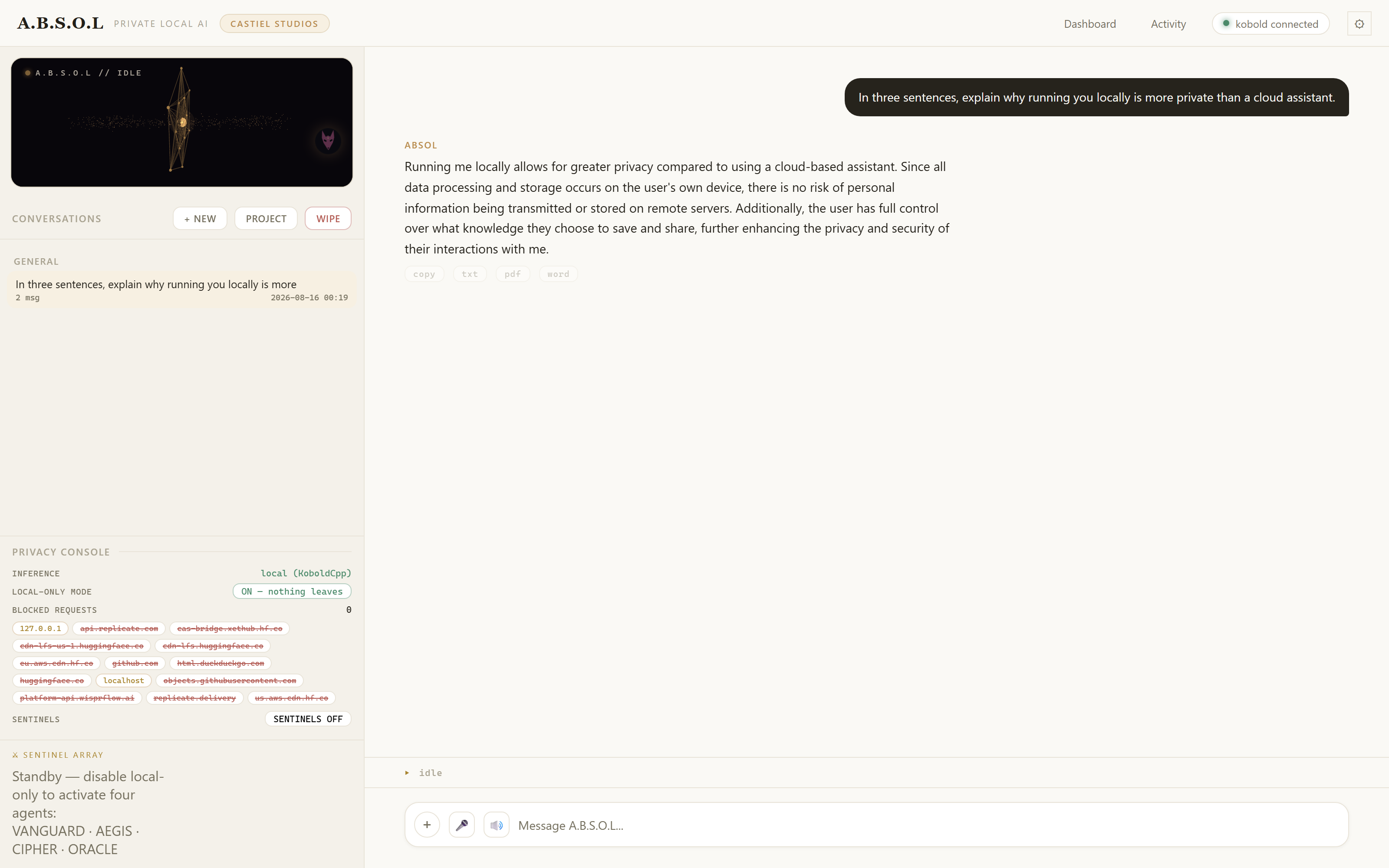 The A.B.S.O.L app: conversation list on the left with a live emotional avatar above it, a real answer from the local model in the centre, and the privacy console at lower left showing inference running locally through KoboldCpp with local-only mode on.